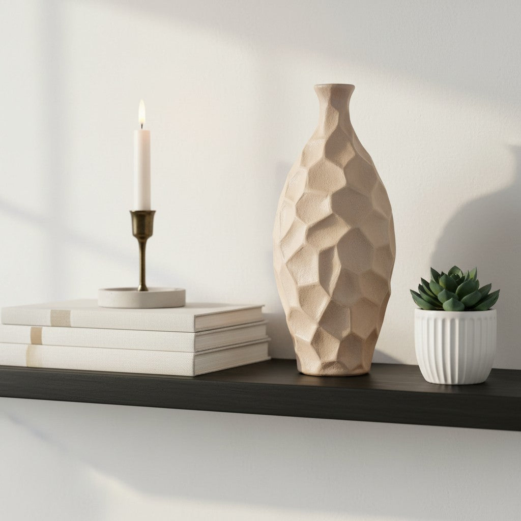 Modern Geometric Textured Tan Matte Finish Vase 14"