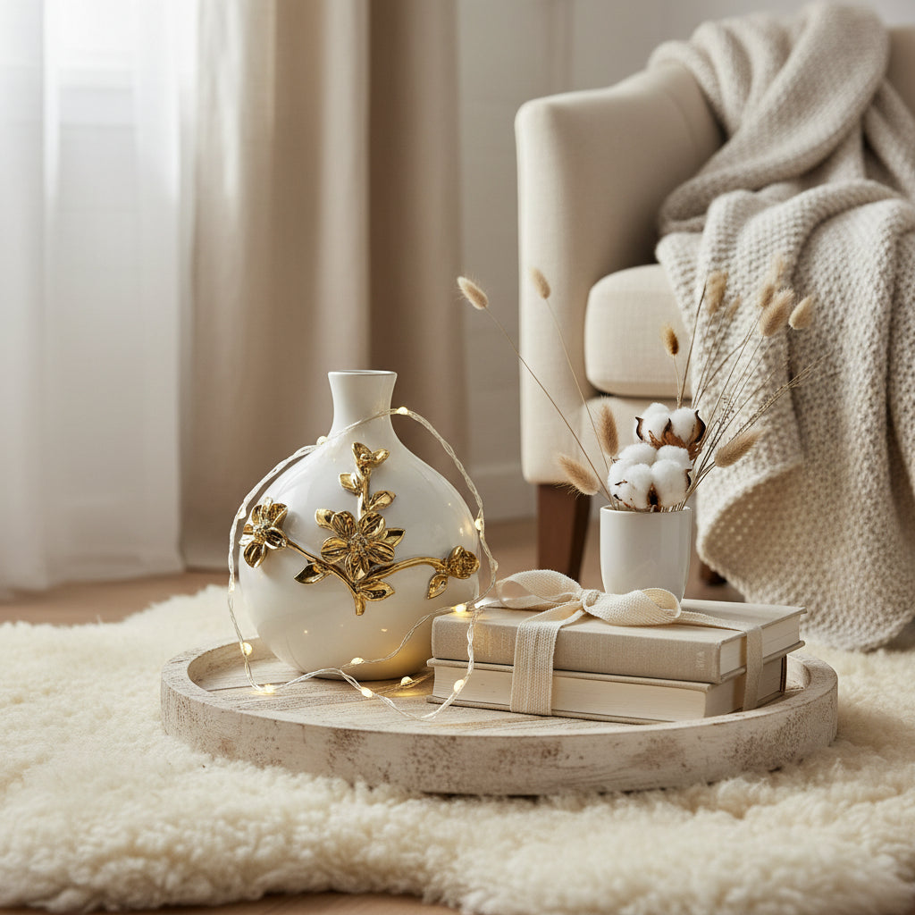 Contemporary Ceramic White Vase with Gold Flower 9"