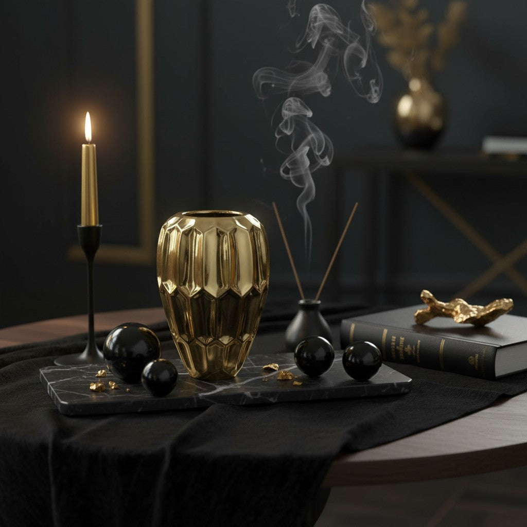 Elegant Gold Ceramic Decorative Vase, Modern Geometric Pattern, 10 Inch Tall, Metallic Finish