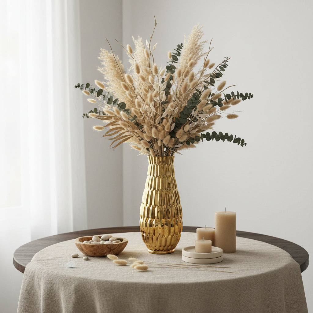 Modern Contemporary Ceramic Gold Vase, 14 Inch, Decorative Metal Flower Vase with Textured Design
