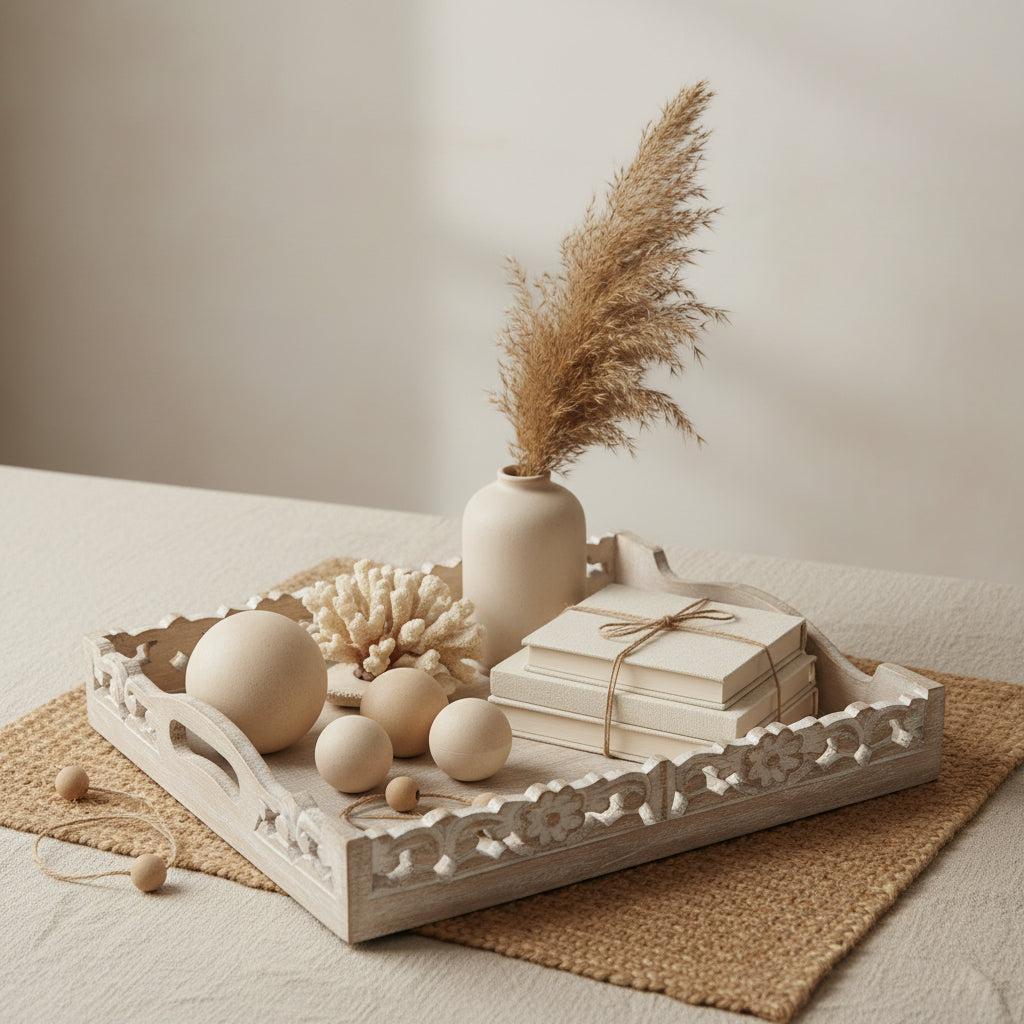 Boho Handmade Decorative Serving Wooden Tray Whitewashed
