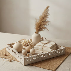 Boho Handmade Decorative Serving Wooden Tray Whitewashed