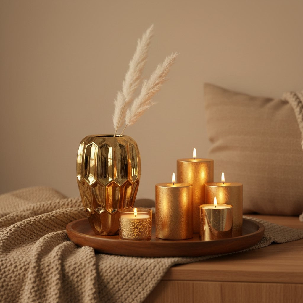 Elegant Gold Ceramic Decorative Vase, Modern Geometric Pattern, 10 Inch Tall, Metallic Finish