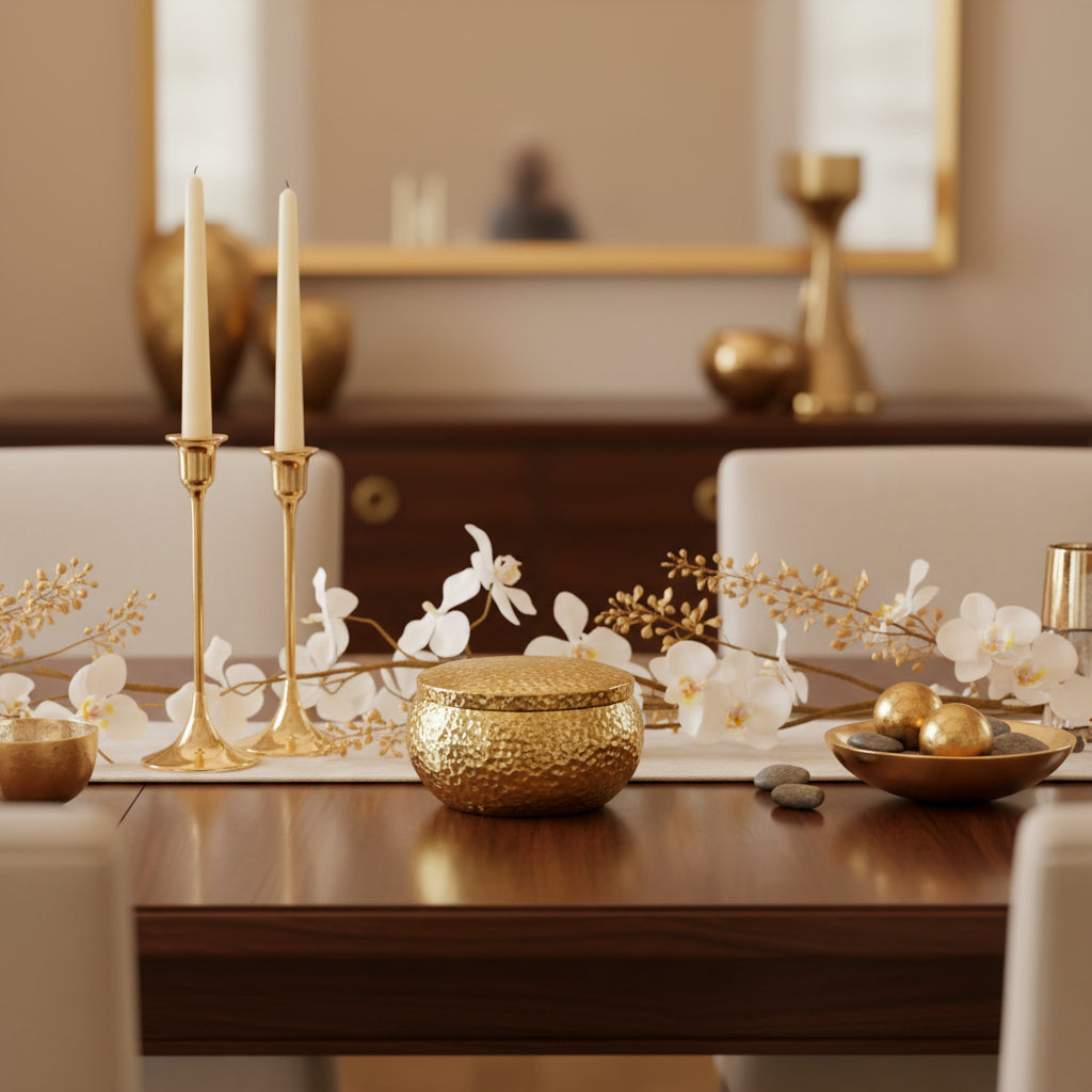 Gold Round Decorative Box with Lid, Textured Finish, Elegant Storage Container