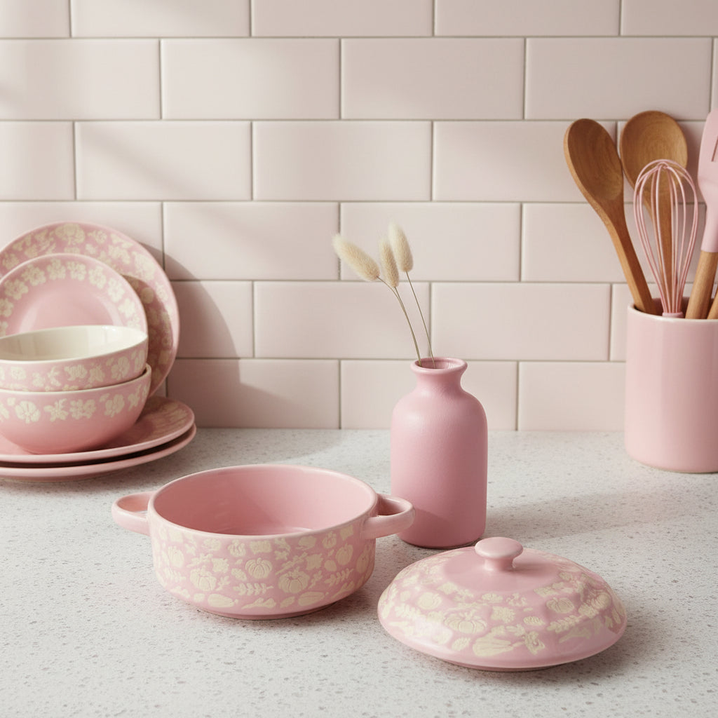 Pink Covered Brie Mini Baker (Stoneware) with Spreader (Stainless Steel & Wood Handle 6.5 inch)