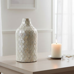 Modern Mosaic Pearl White Decorative Vase, Textured Glass Design, 12.5"