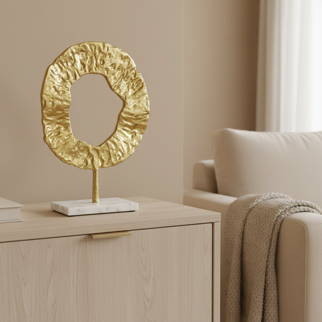 Modern Decorative Sculpture with Marble Base, Gold Textured Metal Art, 13 Inch Tall