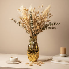 Modern Contemporary Ceramic Gold Vase, 14 Inch, Decorative Metal Flower Vase with Textured Design