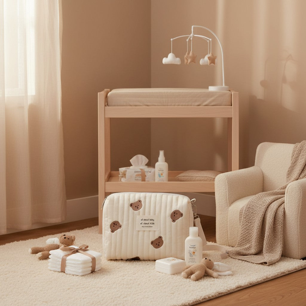 Baby Small Diaper Bear Bag, Mini Stroller Storage Bag, Quilted Cotton Cute Bag for Travel, Organizer Pouch 10x6x1in