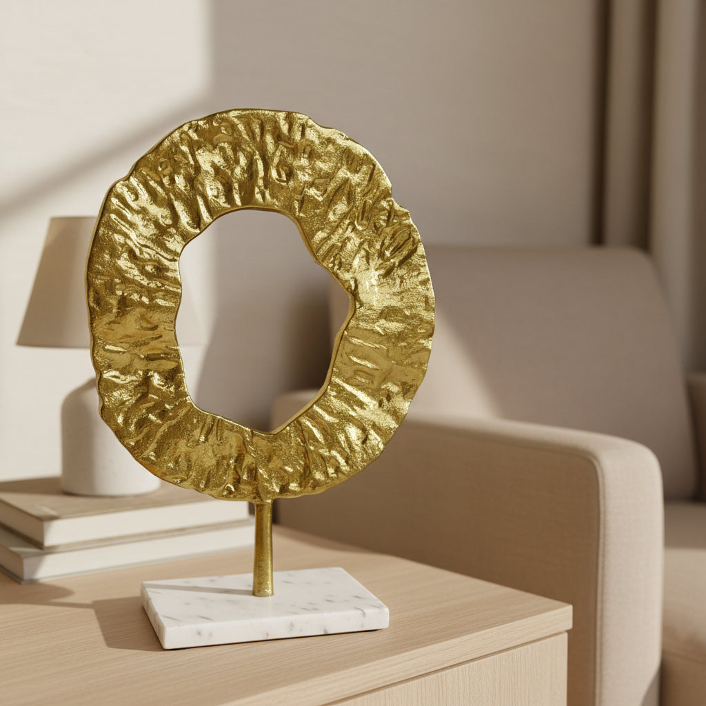 Modern Decorative Sculpture with Marble Base, Gold Textured Metal Art, 13 Inch Tall