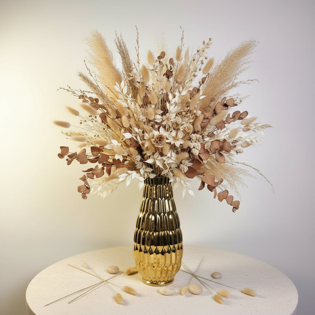 Modern Contemporary Ceramic Gold Vase, 14 Inch, Decorative Metal Flower Vase with Textured Design