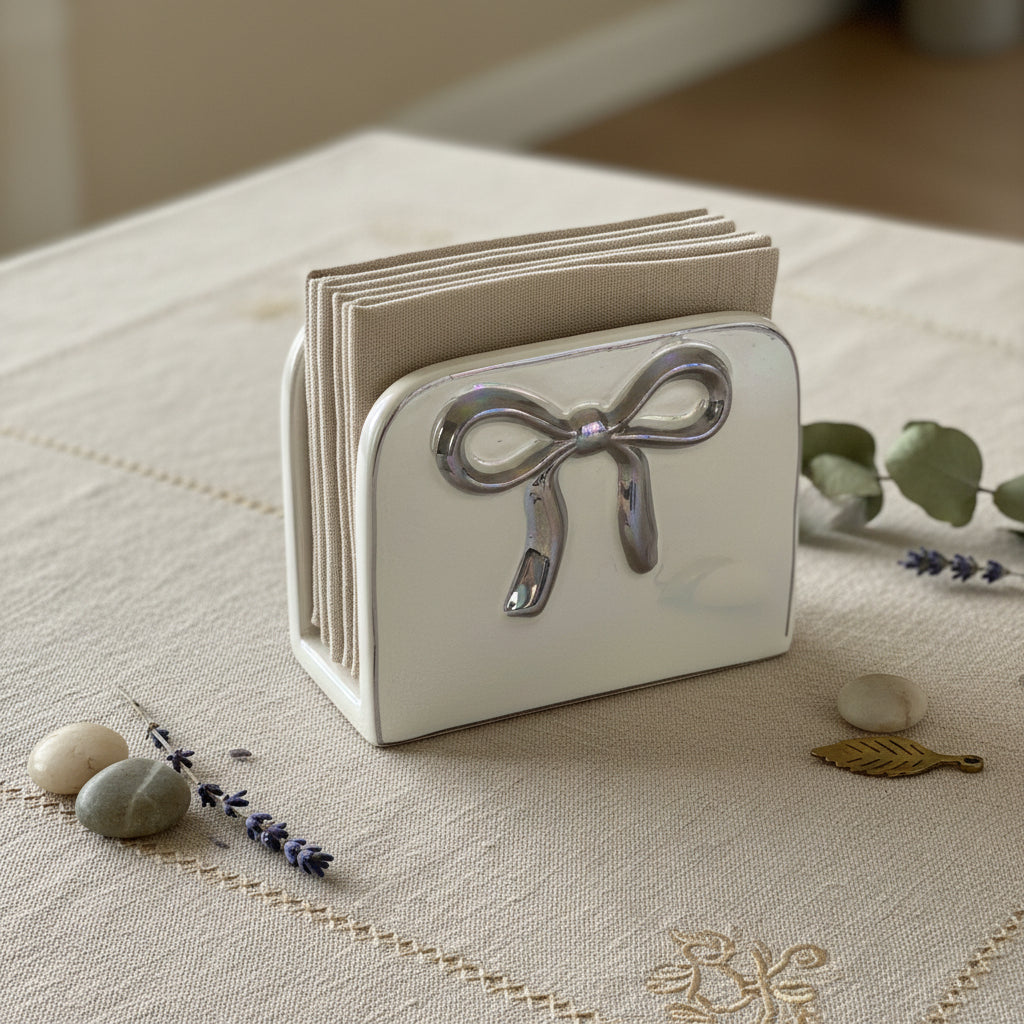 Napkin Holder Bow Iridescent White Color 6x5x2.5"