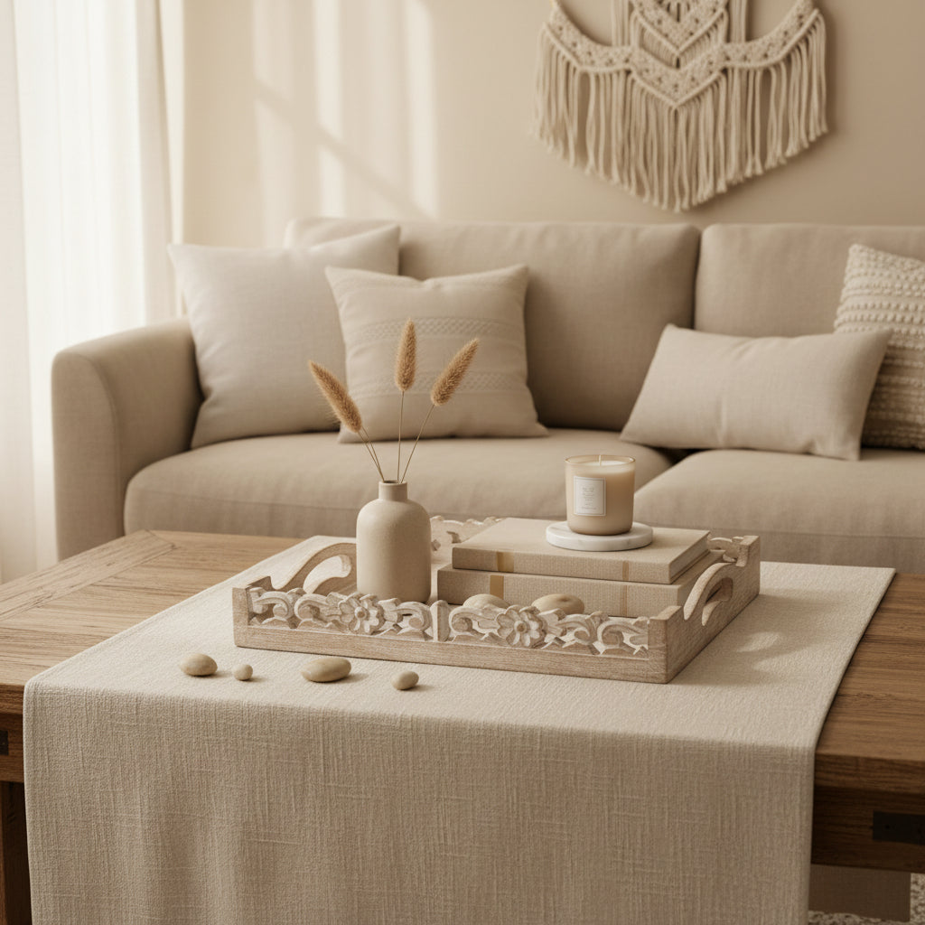Boho Handmade Decorative Serving Wooden Tray Whitewashed