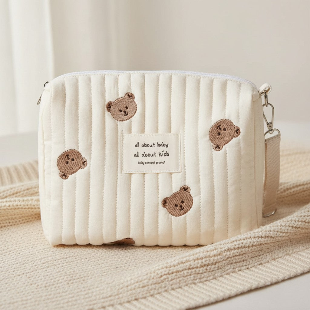 Baby Small Diaper Bear Bag, Mini Stroller Storage Bag, Quilted Cotton Cute Bag for Travel, Organizer Pouch 10x6x1in