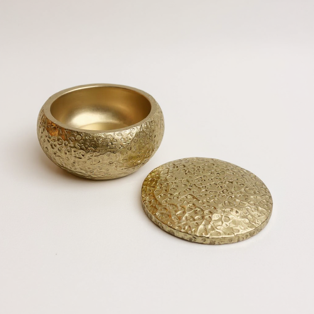 Gold Round Decorative Box with Lid, Textured Finish, Elegant Storage Container