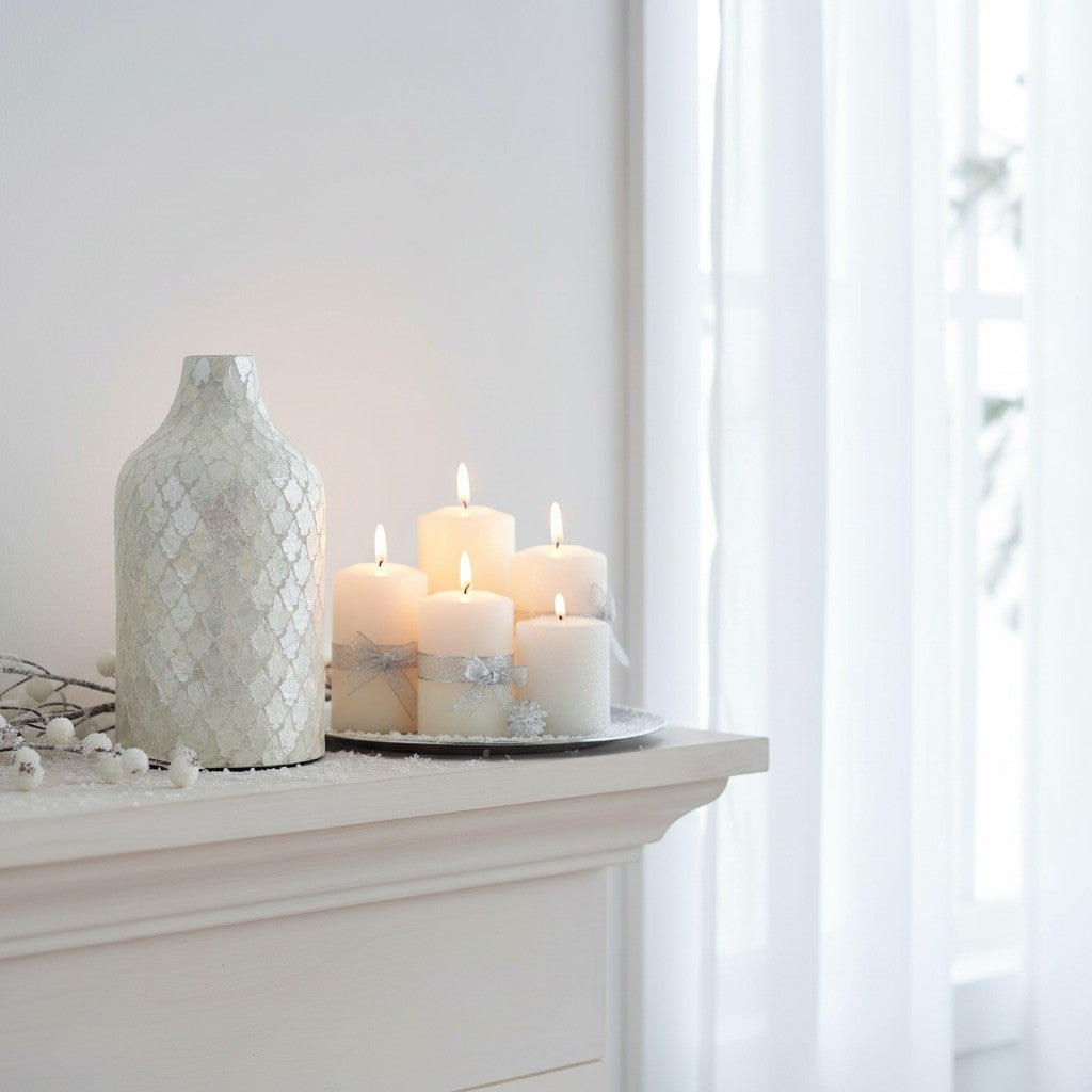 Modern Mosaic Pearl White Decorative Vase, Textured Glass Design, 12.5"