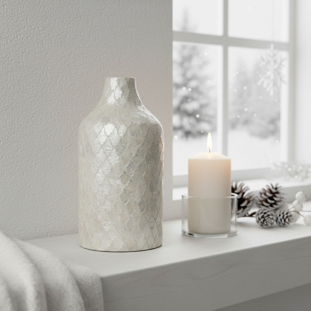 Modern Mosaic Pearl White Decorative Vase, Textured Glass Design, 12.5"