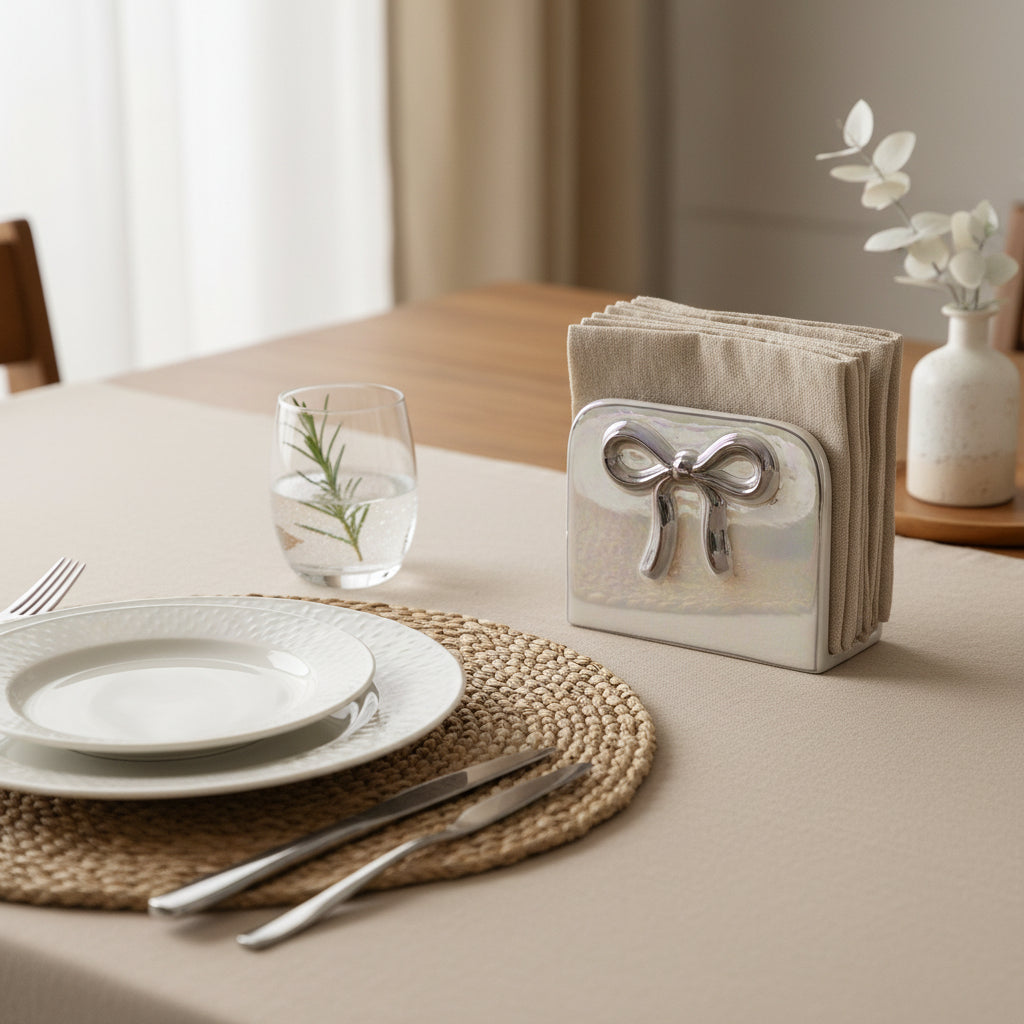 Napkin Holder Bow Iridescent White Color 6x5x2.5"