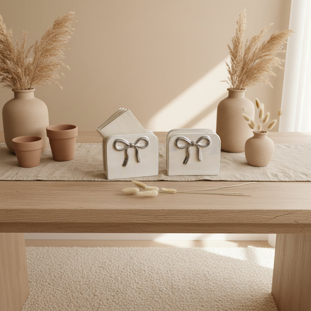 Napkin Holder Bow Iridescent White Color 6x5x2.5"