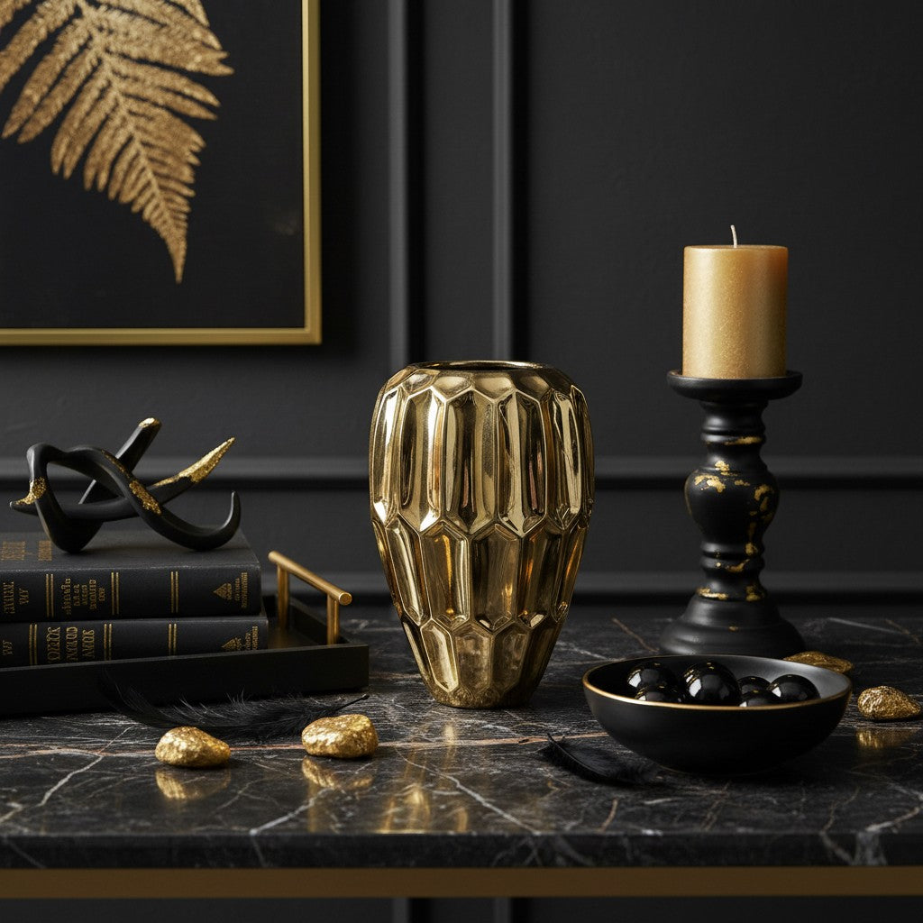 Elegant Gold Ceramic Decorative Vase, Modern Geometric Pattern, 10 Inch Tall, Metallic Finish