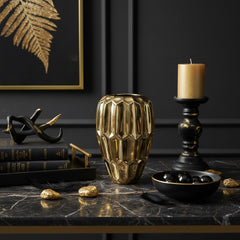 Elegant Gold Ceramic Decorative Vase, Modern Geometric Pattern, 10 Inch Tall, Metallic Finish