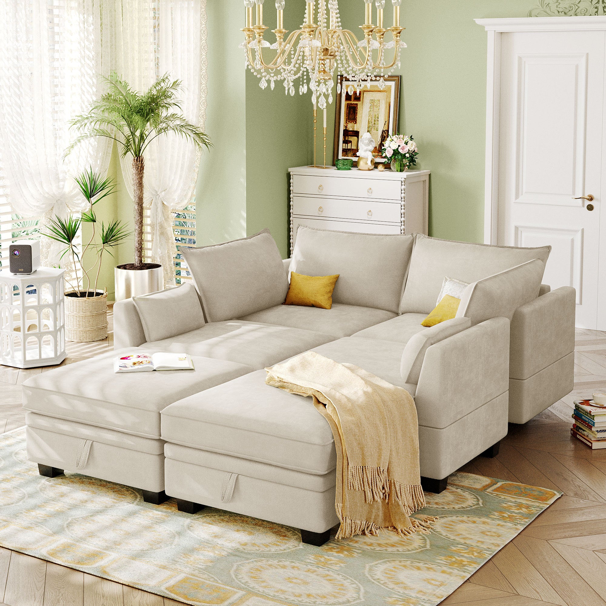 Modern Large U-Shape Modular Sectional Sofa,  Convertible Sofa Bed with Reversible Chaise - Beige