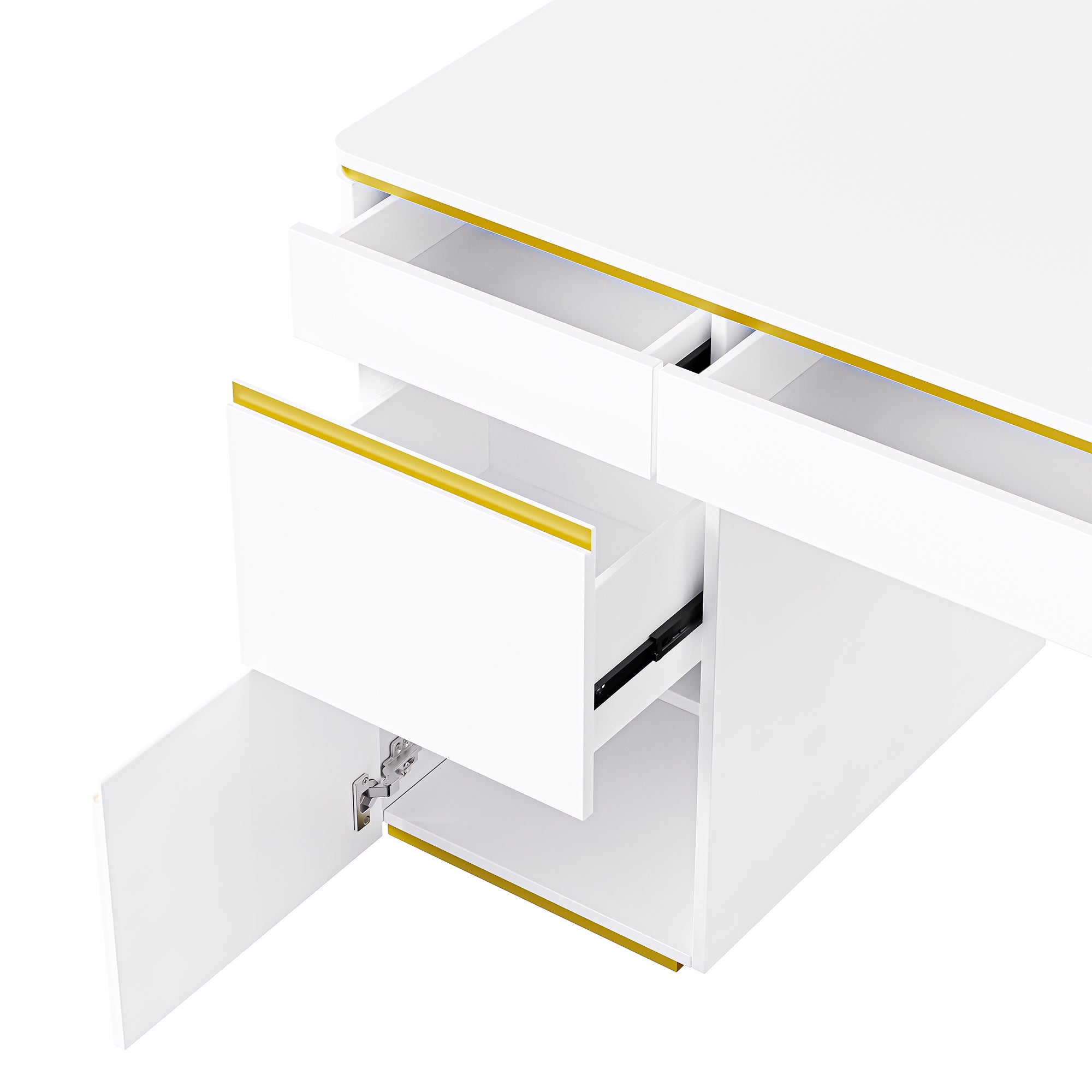60''Modern Executive Desk,White Curved Computer Desk with Gold Metal Legs,3-Drawers Home Office Desk - Gold+White