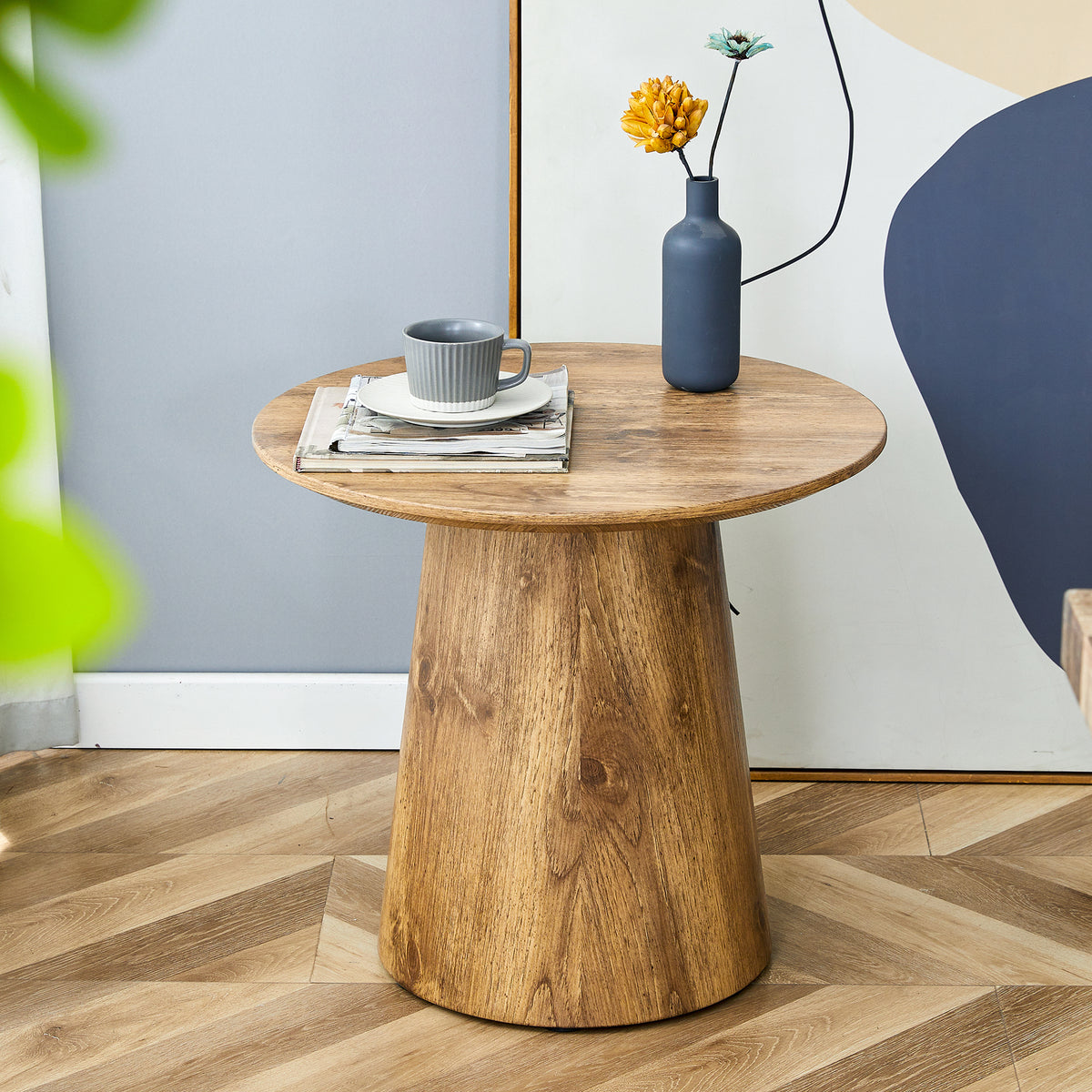 Natural Wood Grain MDF Round Coffee Table - 21.6' Diameter, 19.7' Height.Natural Wood Grain Texture Sticker,Exquisite Wood Grain Surface,Flexible MatchingMRound Tabletop Design.