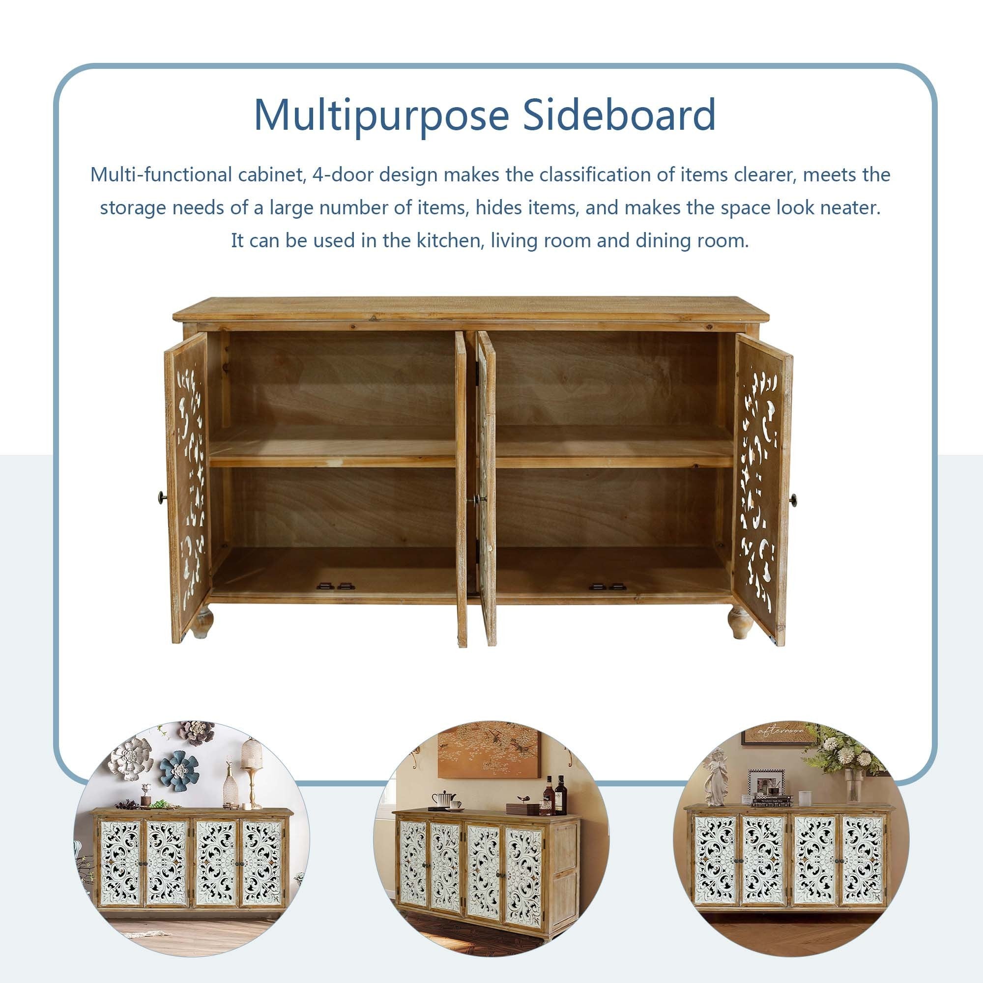Farmhouse Sideboard Buffet with Storage, Accent Cabinet with 4 Doors, Wood Carved Floral Doors - Natural