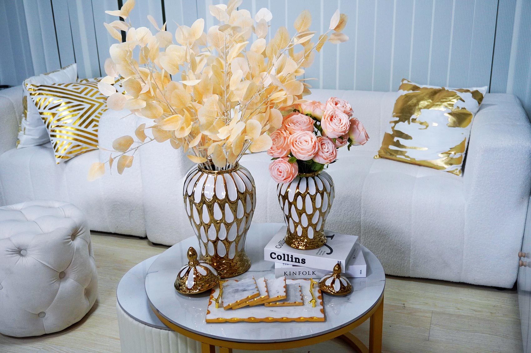 17.50"H Alluring White and Gold Ginger Jar with Removable Lid