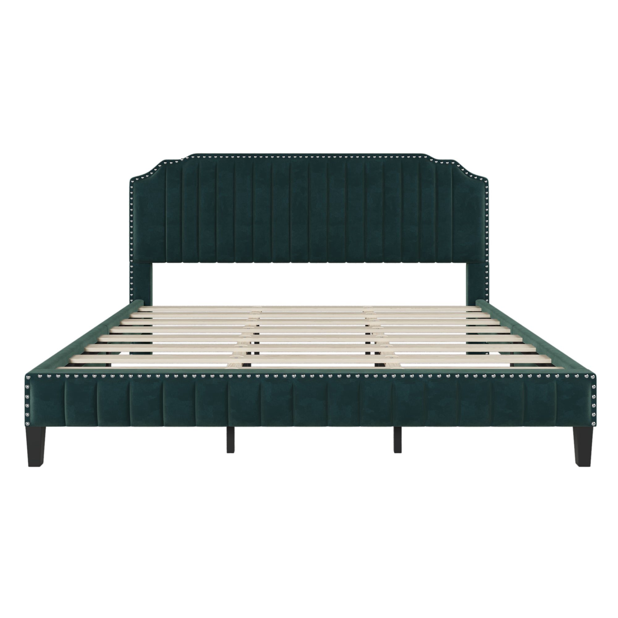 Modern King Bed Velvet Curved Upholstered Platform Bed - Green