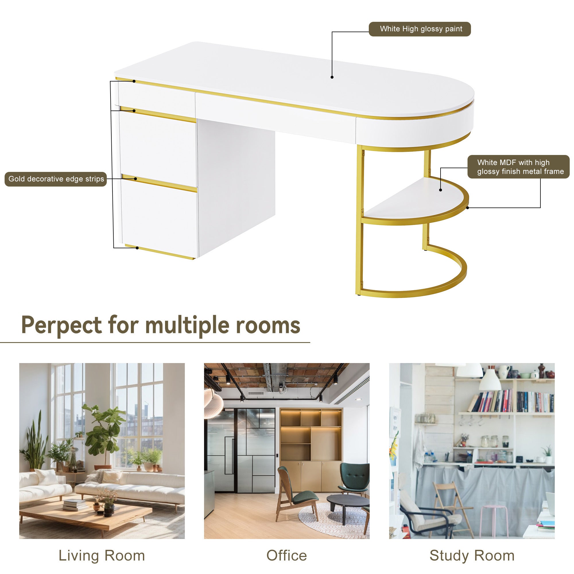 60''Modern Executive Desk,White Curved Computer Desk with Gold Metal Legs,3-Drawers Home Office Desk - Gold+White