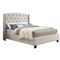 Queen Size Nantarre Fabric Button Tufted Wingback Upholstered Bed with Nail Head Trim, Beige