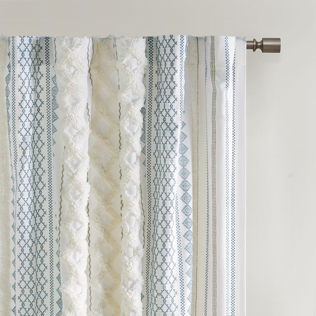 50x95" Cotton Printed Curtain Panel with Chenille Stripe and Lining - Ivory+Navy (1 panel only)