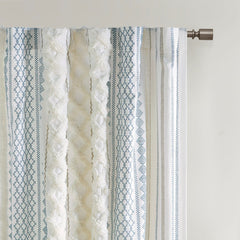 50x95" Cotton Printed Curtain Panel with Chenille Stripe and Lining - Ivory+Navy (1 panel only)