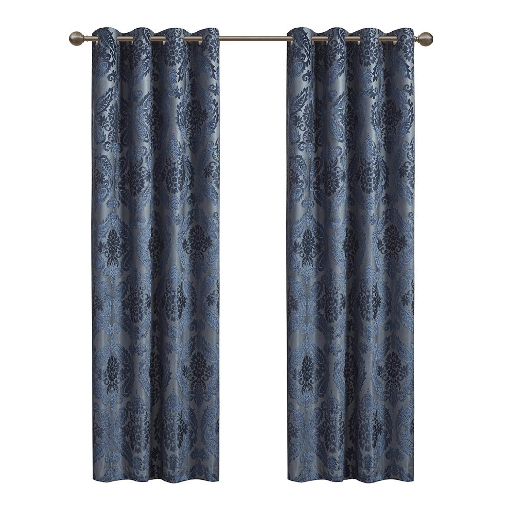 50x84" Knitted Jacquard Paisley Total Blackout Grommet Top Curtain Panel - Navy