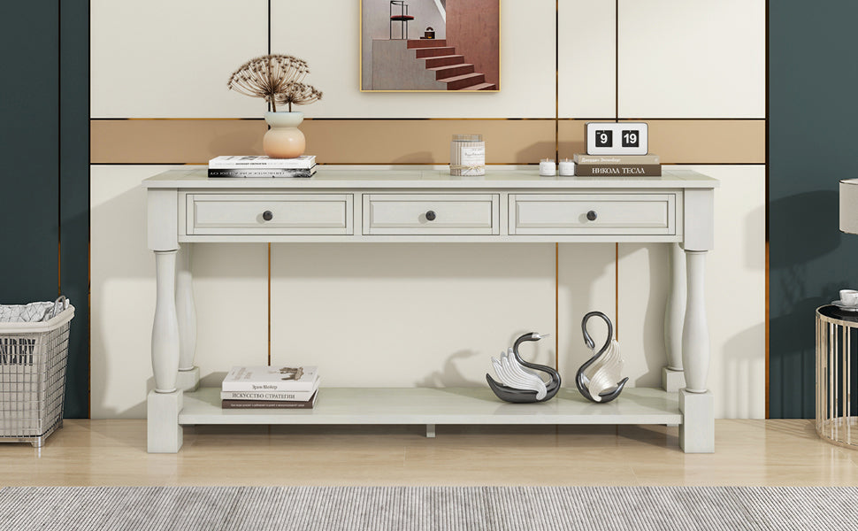 63" Long Console Table with Drawers and Shelf for Entryway, Hallway, Living Room - Antique White
