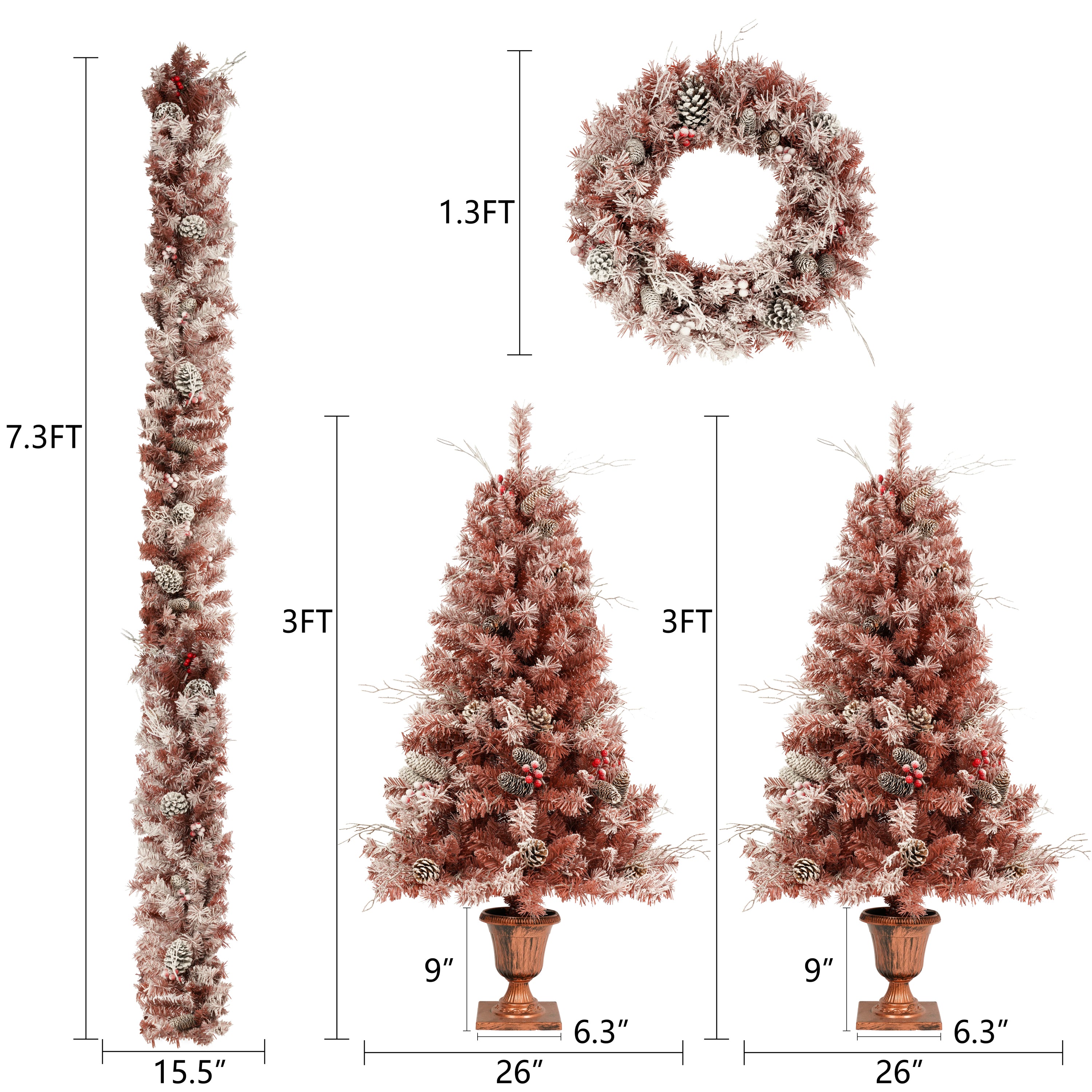4-Pieces Set Artificial Christmas Tree, Brown Needles with flocking, with Warm Lights, pine cones and berries, Artificial Tree for door and fireplace
