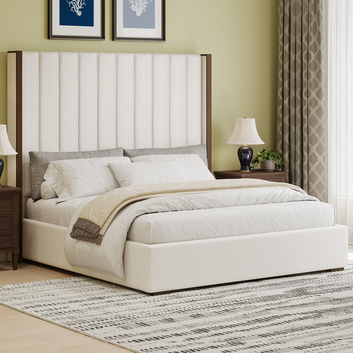 67.5' Tall Headboard Upholstered King Size Bed with Vertical Striped and Wingback Design, Box Spring Needed, Linen