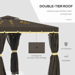 10'x10' Patio Gazebo, Aluminum Frame Double Roof Outdoor Gazebo Canopy Shelter with Netting & Curtains, for Garden, Lawn, Backyard and Deck - Coffee