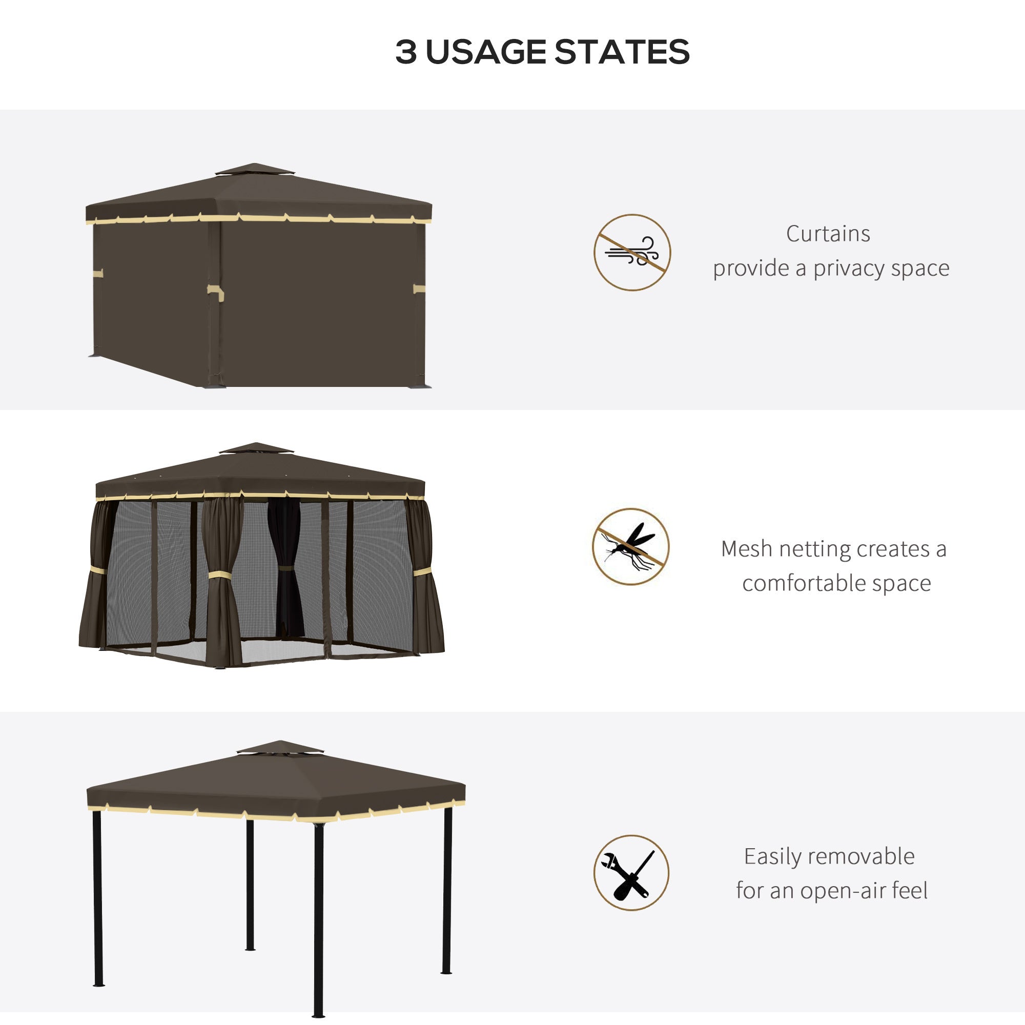 10'x10' Patio Gazebo, Aluminum Frame Double Roof Outdoor Gazebo Canopy Shelter with Netting & Curtains, for Garden, Lawn, Backyard and Deck - Coffee