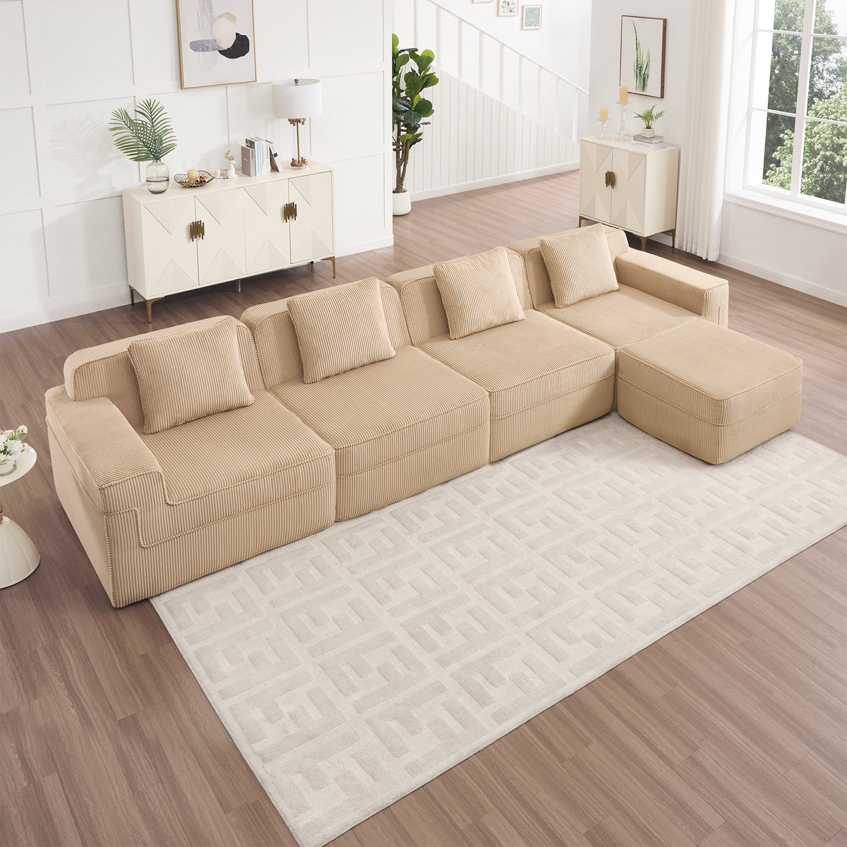 Modular 4 Seat L Shape Sectional Boneless Sofa, Cloud Sectional Couch with Deep Seat, Modern Modular 4-Seat Sofa Couch with Throw Pillows and 1 Movable Ottoman, Corduroy Fabric Camel