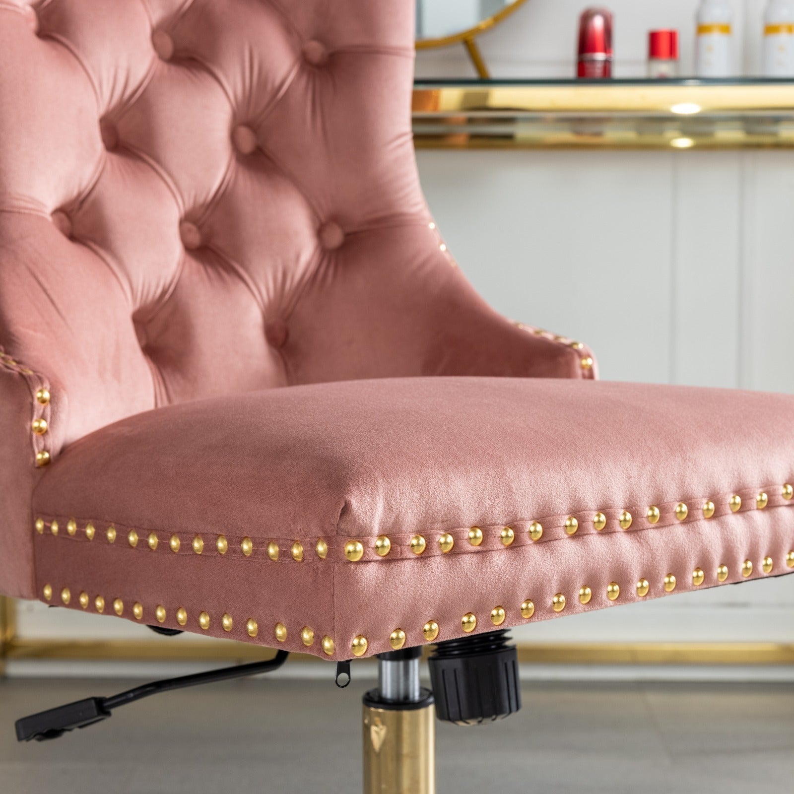 Velvet Upholstered Tufted Button Home Office Chair with Golden Metal Base, Adjustable Desk Chair Swivel Office Chair - Pink