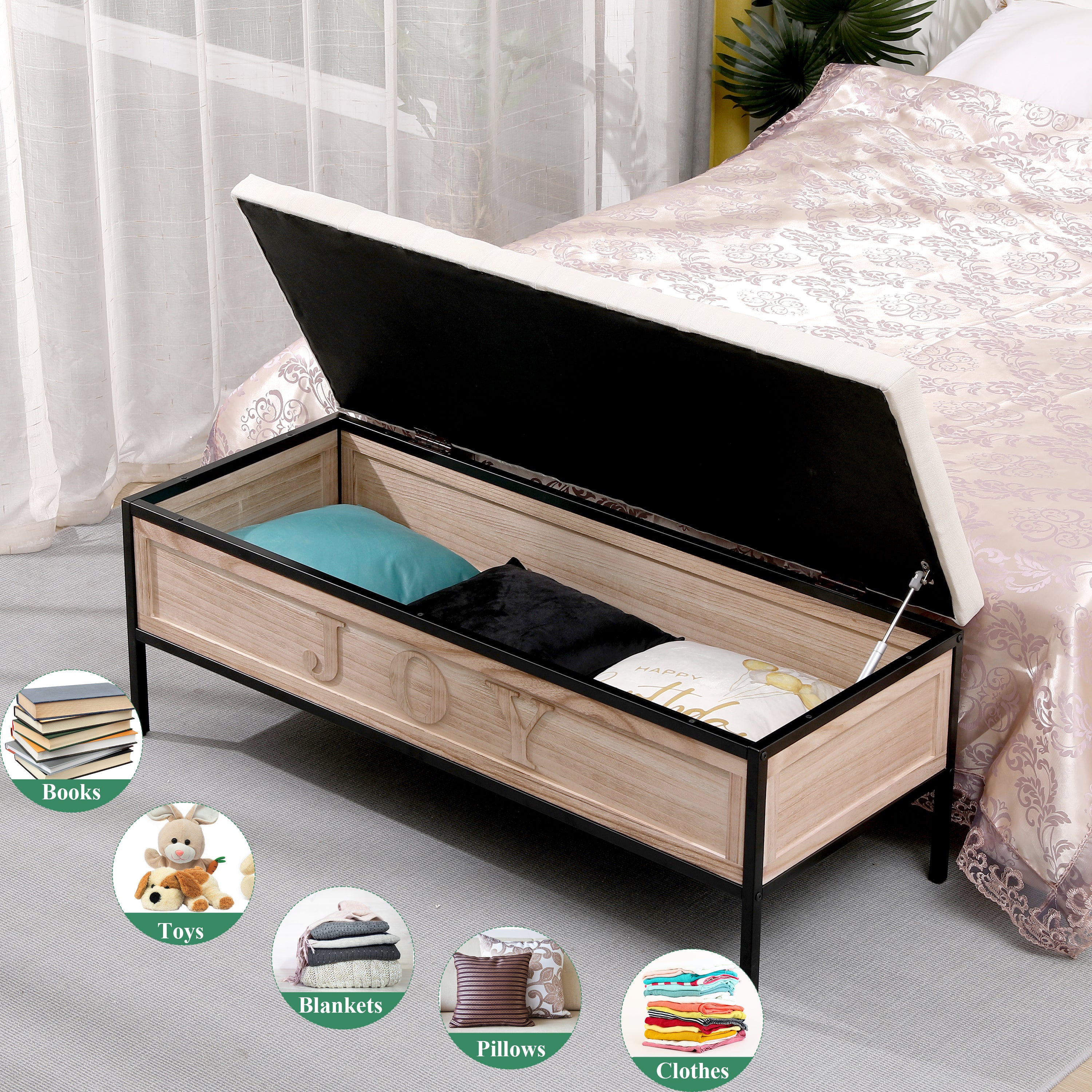 Wooden JOY Storage Bench Upholstered Benches 48'' Rectangular Ottoman - Beige