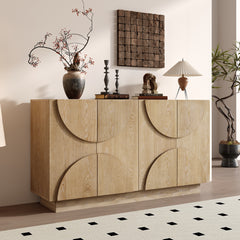 4-Door Large Storage Sideboard, Wood Sideboard Cabinet with Semi-Circular Handles and Adjustable Shelves for Dining Room, Kitchen, and Living Room (Natural)