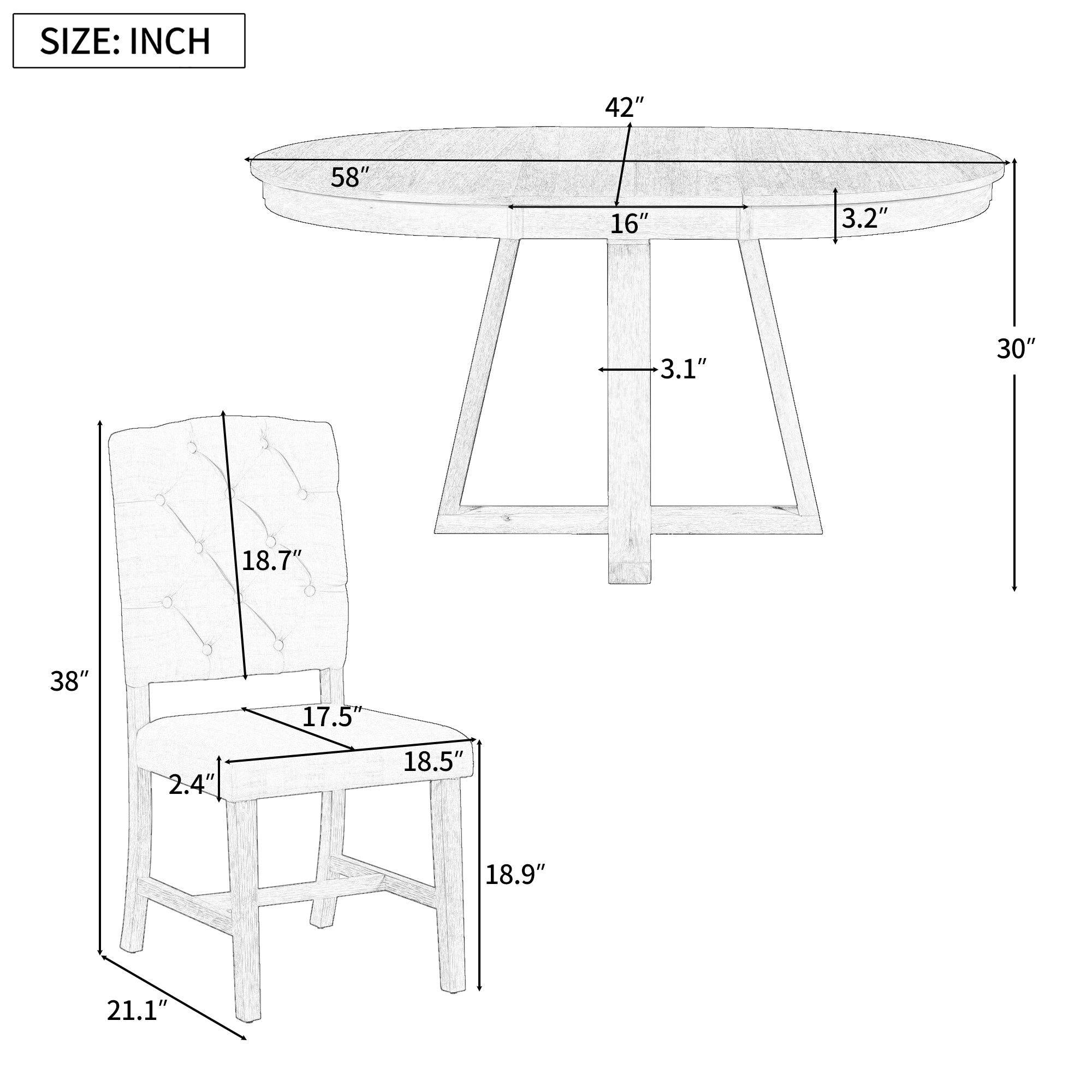 5-Piece Retro Functional Dining Set, Round Table with a 16"W Leaf and 4 Upholstered Chairs - Walnut