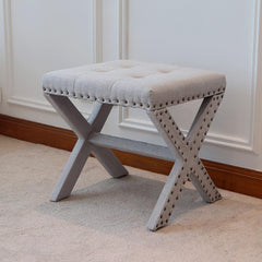 Set of 2 Silver Modern Chic Vanity Stool Upholstered Chair Soft Linen Fabric - Light Gray