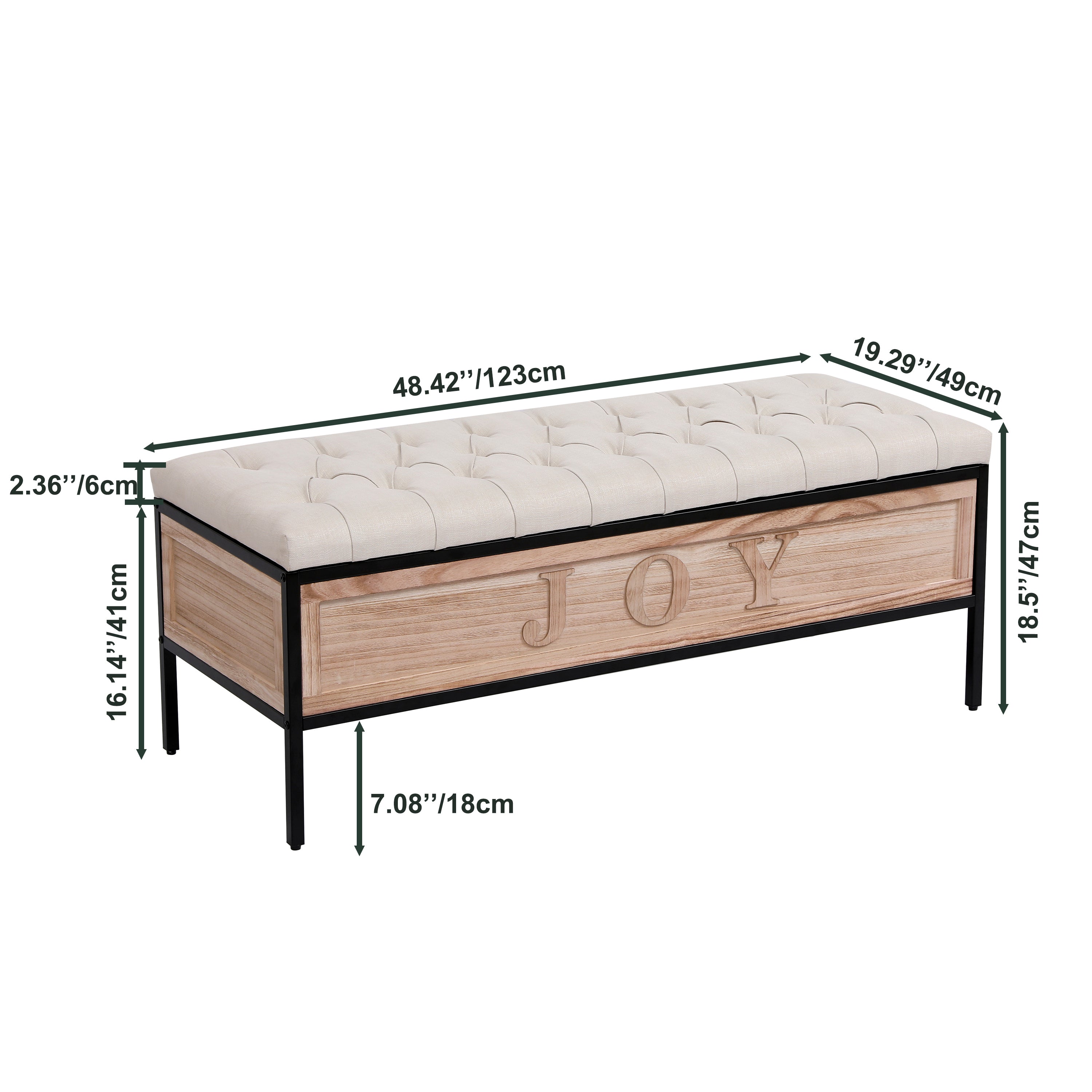 Wooden JOY Storage Bench Upholstered Benches 48'' Rectangular Ottoman - Beige