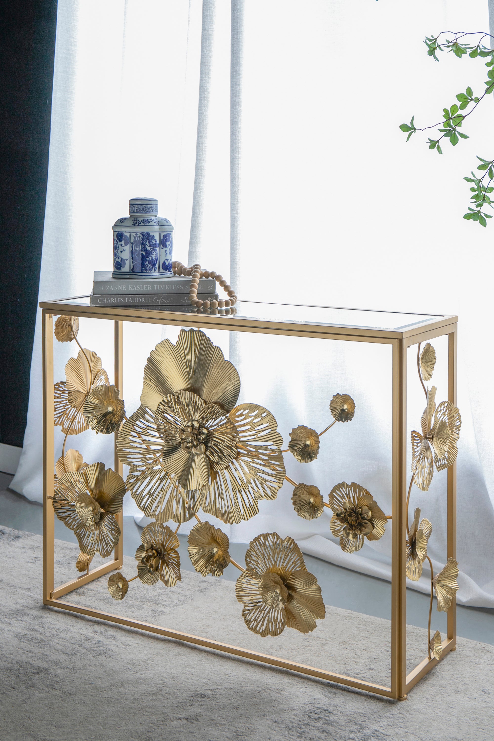 Gold Console Table with Mirrored Glass Top 39.5"x12"x30.5"