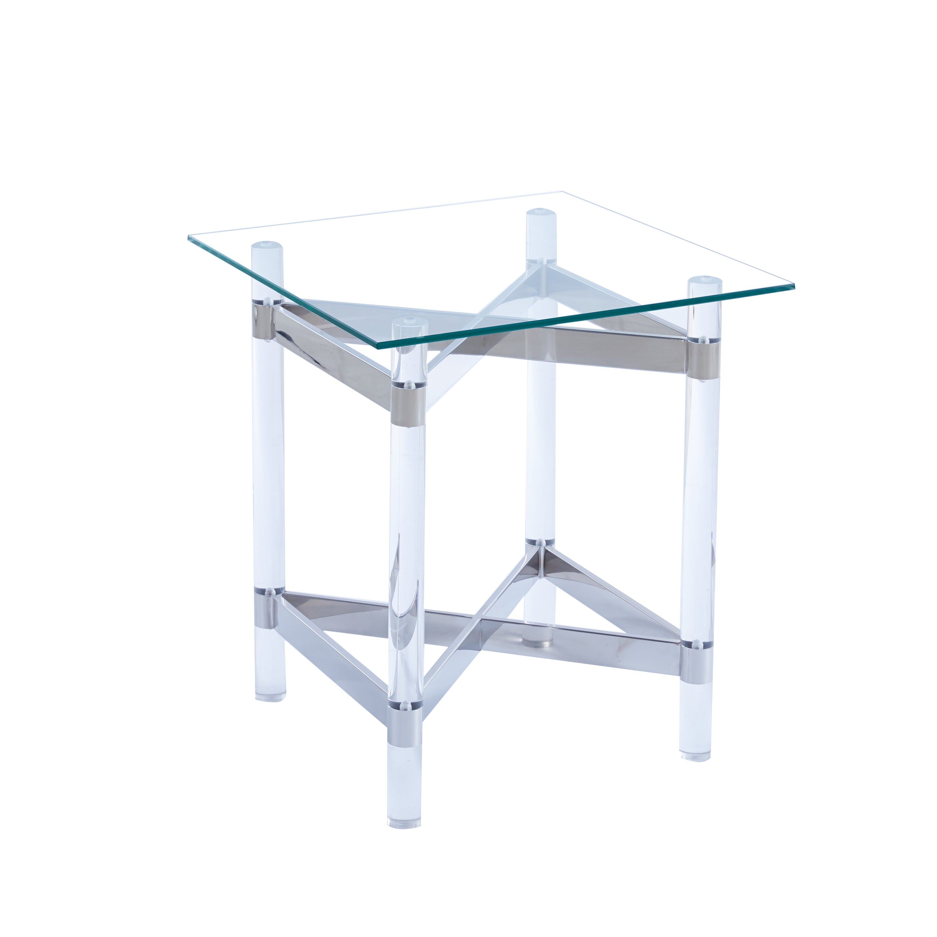 Silver Stainless Steel With Acrylic Frame Clear Glass Top End Table